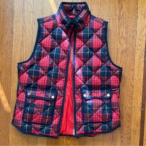 J. Crew down puffy vest Red plaid tartan L large EUC holiday